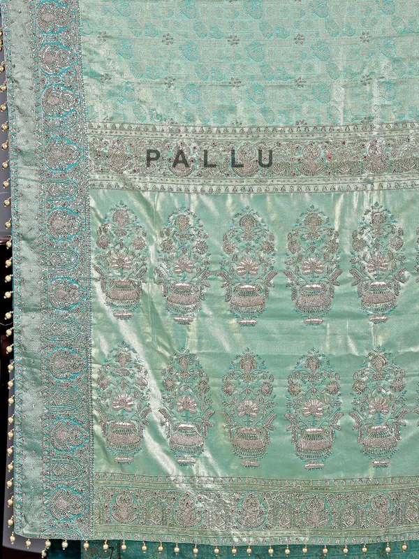 Mint green kanjivaram saree with pearl work