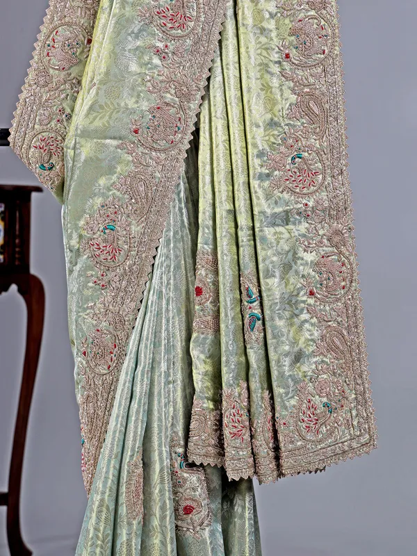 Pista green kanjivaram saree with grand embroidery