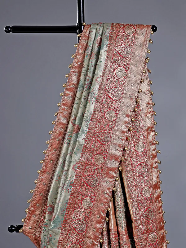 Pastel blue kanjivaram saree with pearl detailing