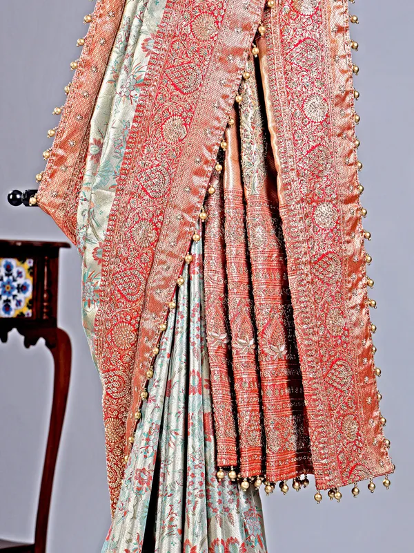 Pastel blue kanjivaram saree with pearl detailing