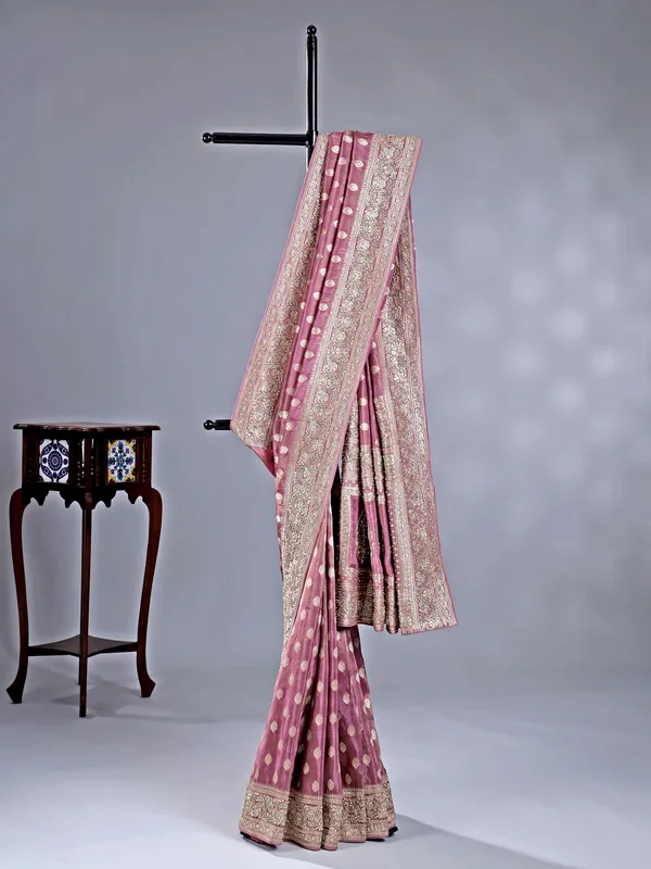 Mauve purple silk saree with ornate pearl work