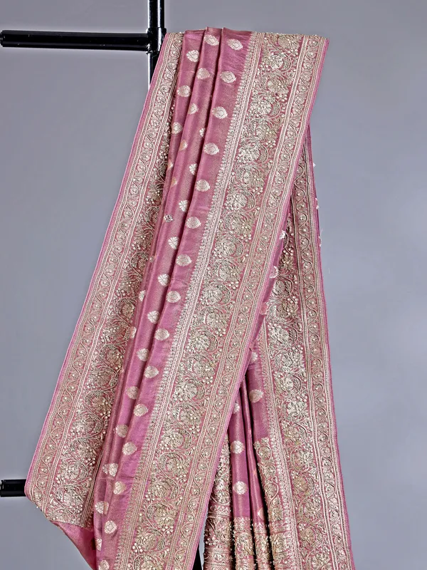 Mauve purple silk saree with ornate pearl work