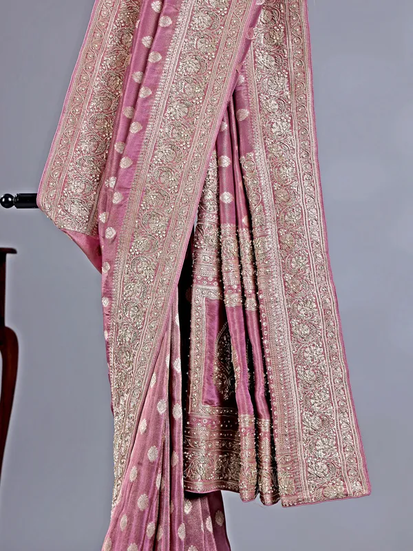 Mauve purple silk saree with ornate pearl work