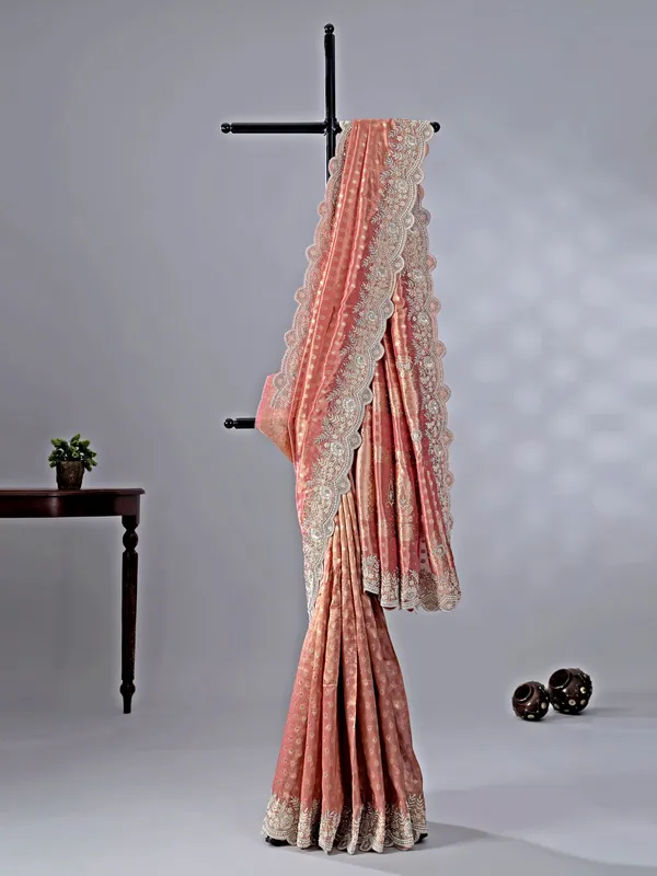 Onion pink chiffon saree with grand zari weaving