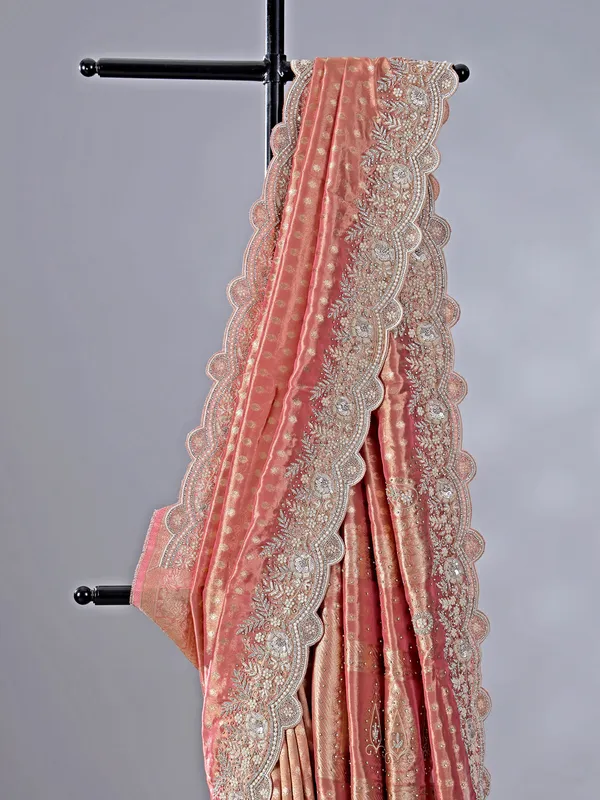 Onion pink chiffon saree with grand zari weaving
