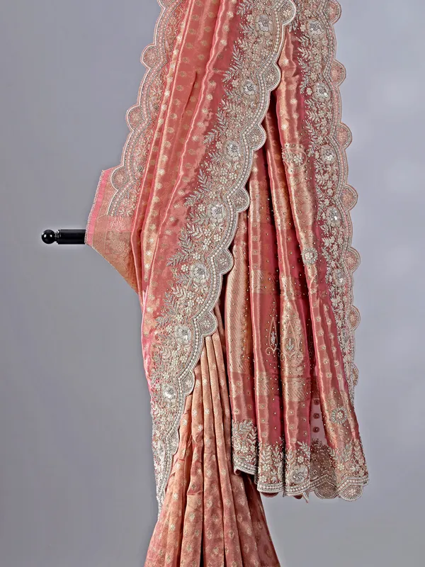 Onion pink chiffon saree with grand zari weaving