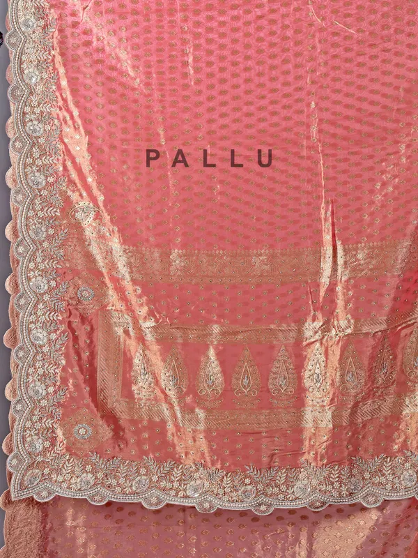 Onion pink chiffon saree with grand zari weaving