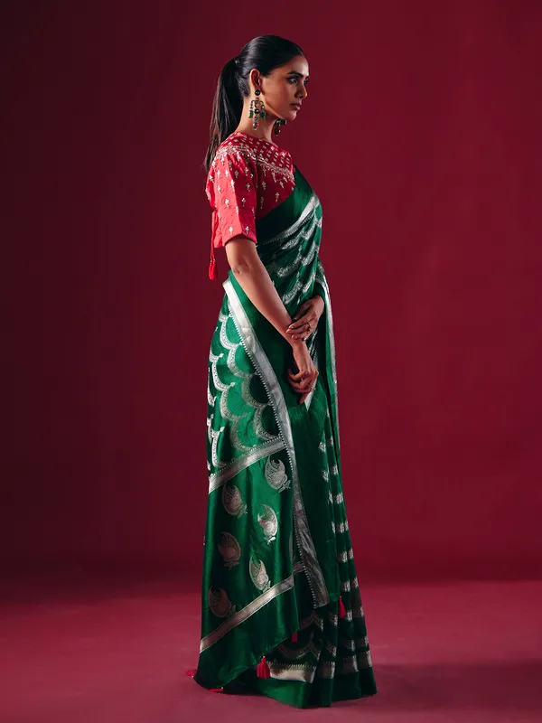 Green silk saree with silver zari weave
