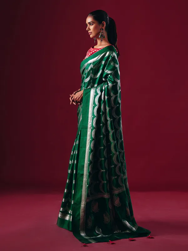 Green silk saree with silver zari weave