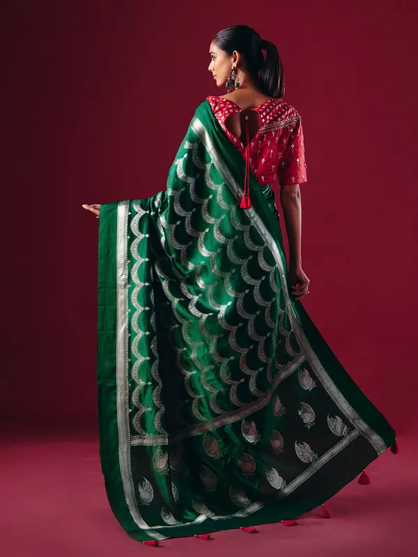 Green silk saree with silver zari weave