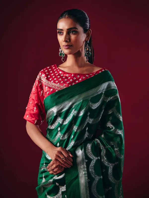 Green silk saree with silver zari weave