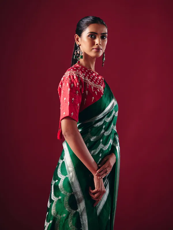 Green silk saree with silver zari weave