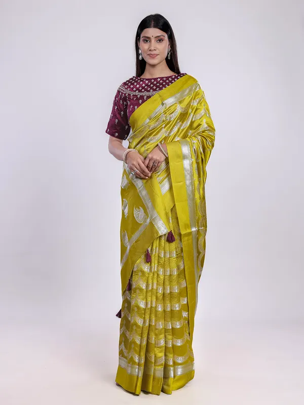Mustard yellow saree with embroidered blouse charm