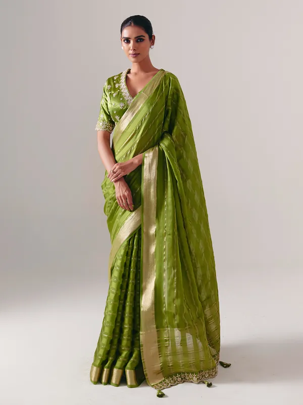 Green silk saree with heavy festive blouse