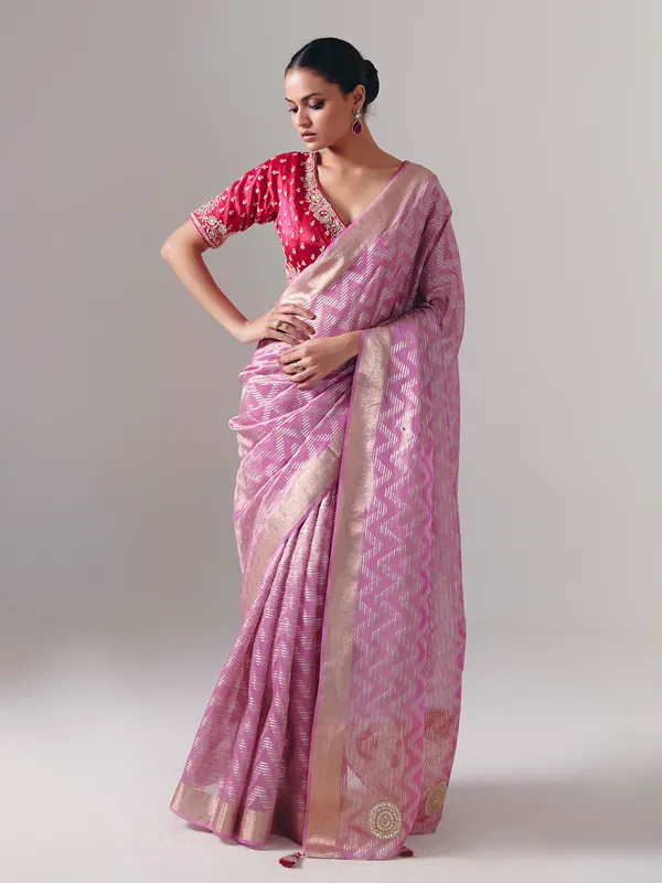 Onion pink silk saree with embellished blouse
