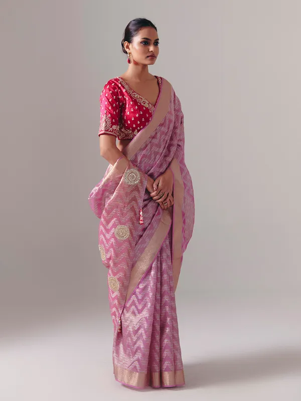 Onion pink silk saree with embellished blouse