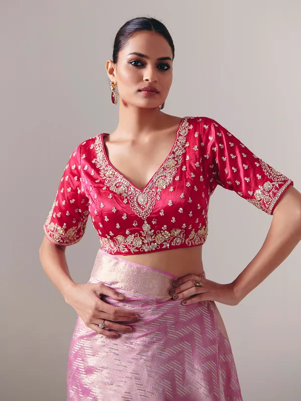 Onion pink silk saree with embellished blouse