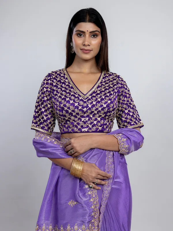 Lilac purple tissue silk saree with rich detailing