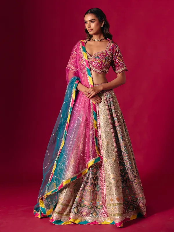 Grey pink silk bridal lehenga choli with beads work