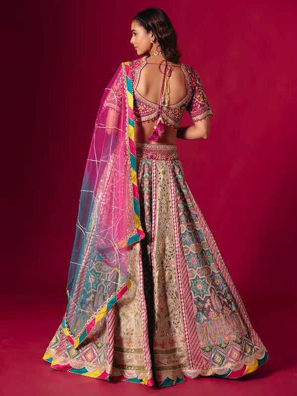 Grey pink silk bridal lehenga choli with beads work