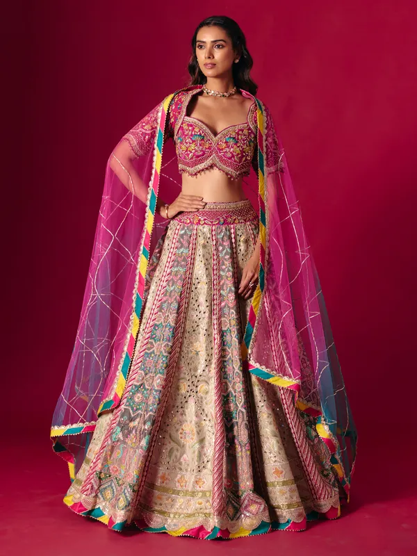 Grey pink silk bridal lehenga choli with beads work