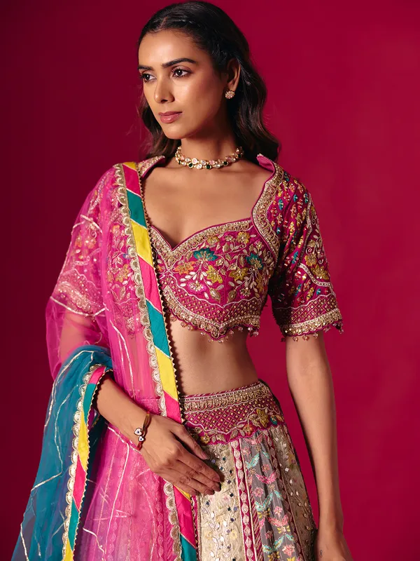 Grey pink silk bridal lehenga choli with beads work