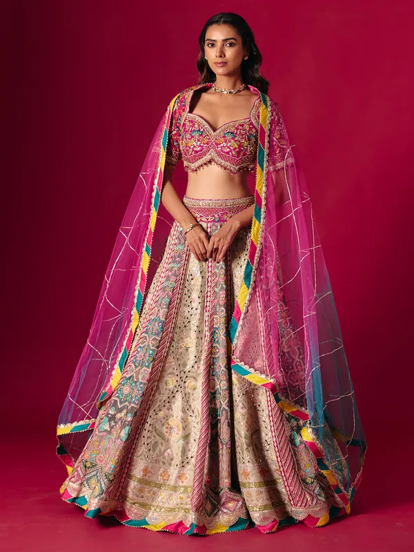 Grey pink silk bridal lehenga choli with beads work