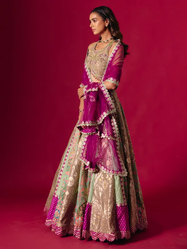 Multi color round neck designer silk lehenga choli