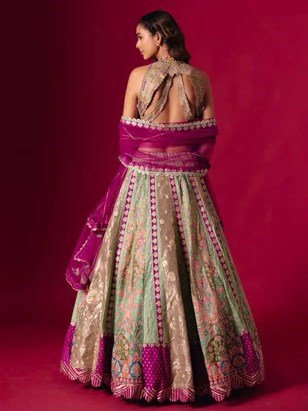 Multi color round neck designer silk lehenga choli