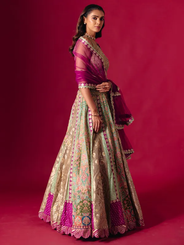 Multi color round neck designer silk lehenga choli