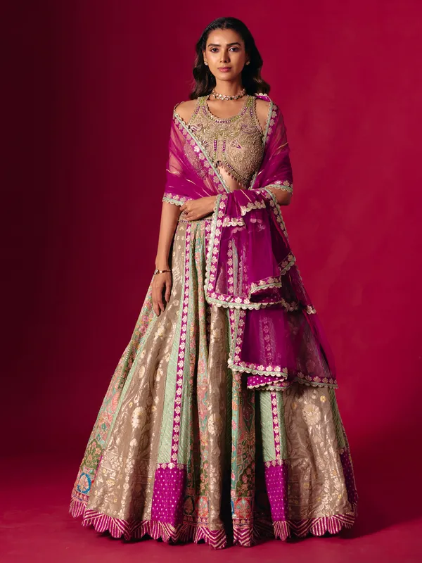 Multi color round neck designer silk lehenga choli