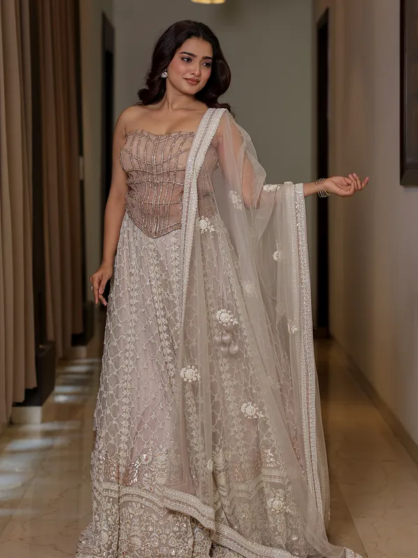 Grey net sequin and cutdana lehenga choli for wedding wear