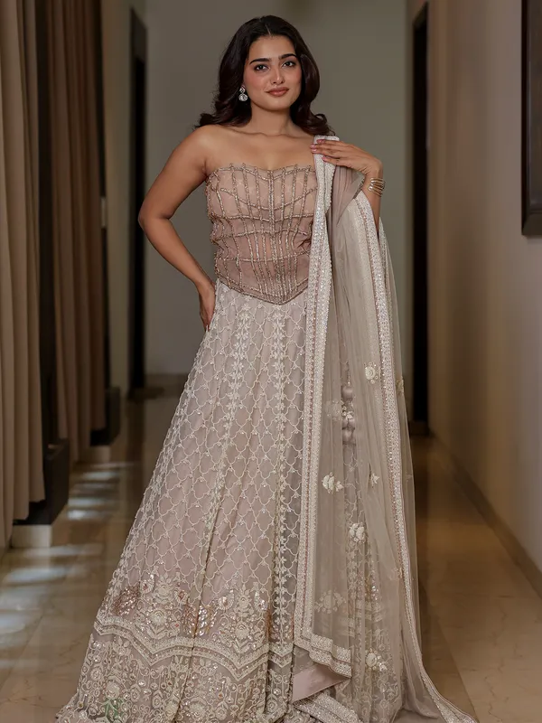 Grey net sequin and cutdana lehenga choli for wedding wear