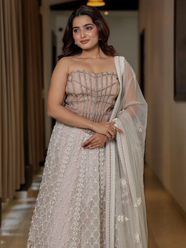 Grey net sequin and cutdana lehenga choli for wedding wear