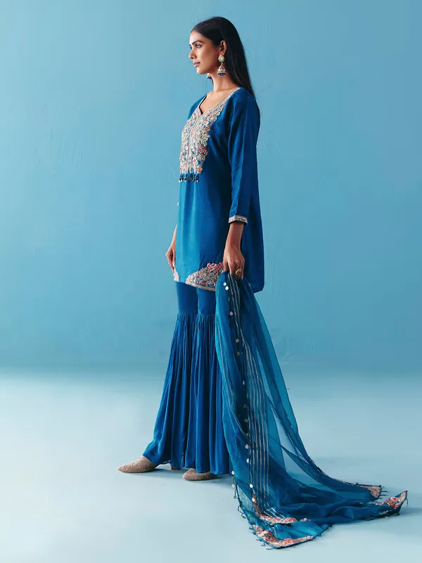 Blue silk pakistani sharara suit for women