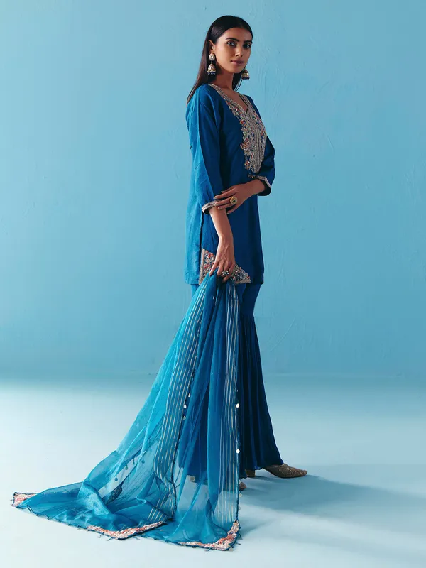 Blue silk pakistani sharara suit for women