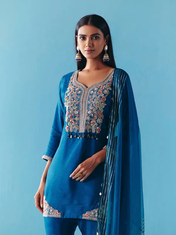 Blue silk pakistani sharara suit for women