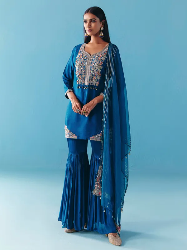 Blue silk pakistani sharara suit for women