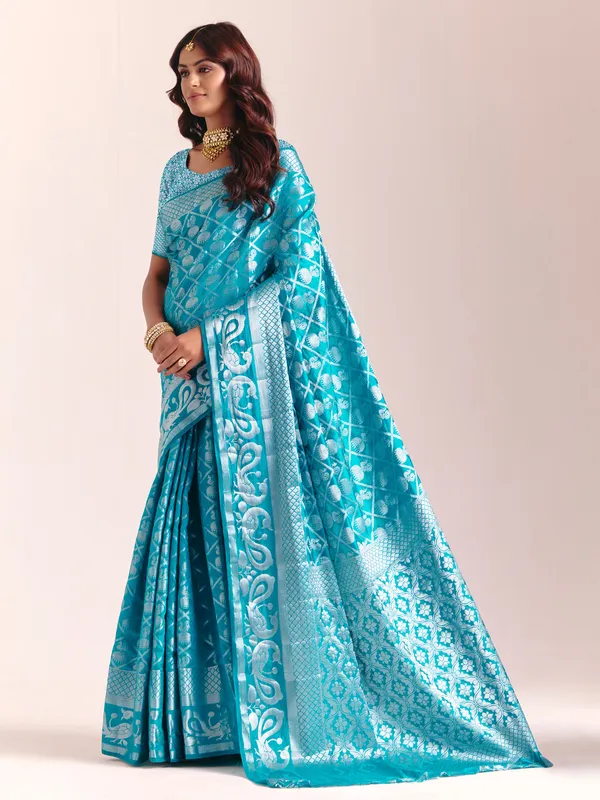 Aqua blue silk saree with exquisite zari work