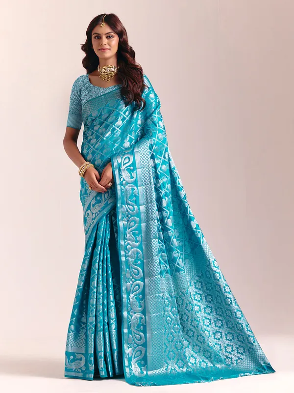 Aqua blue silk saree with exquisite zari work