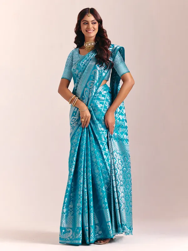 Aqua blue silk saree with exquisite zari work