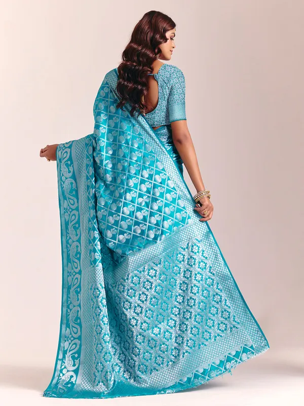 Aqua blue silk saree with exquisite zari work