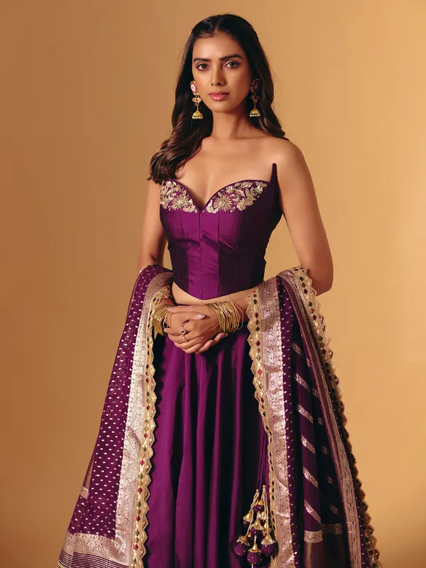 Purple silk lehenga choli with zardosi detailing