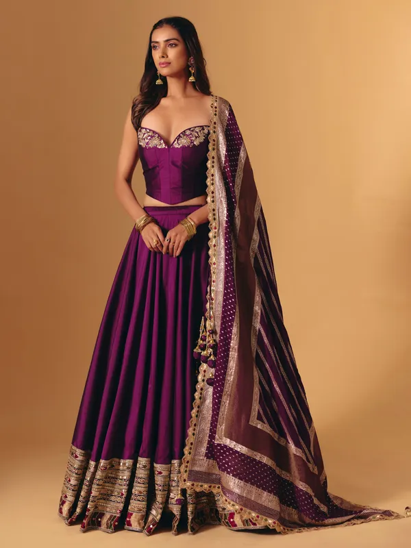 Purple silk lehenga choli with zardosi detailing