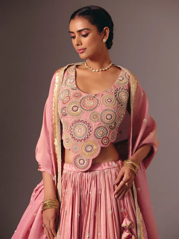 Pink silk designer embroidered lehenga choli for reception wear