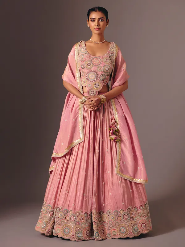 Pink silk designer embroidered lehenga choli for reception wear