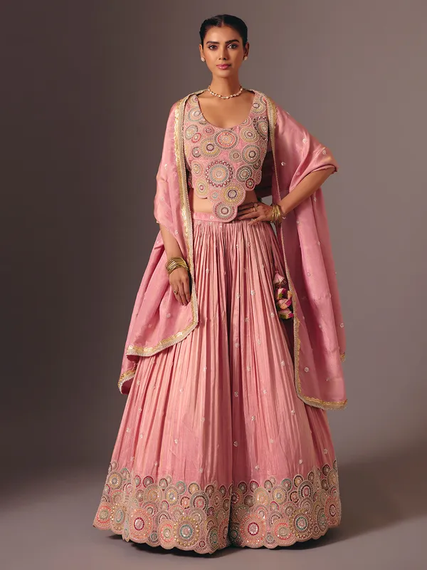 Pink silk designer embroidered lehenga choli for reception wear