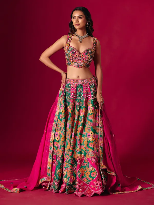 Rani pink raw silk lehenga choli with dupatta for women