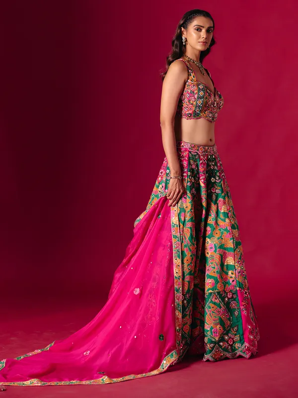 Rani pink raw silk lehenga choli with dupatta for women