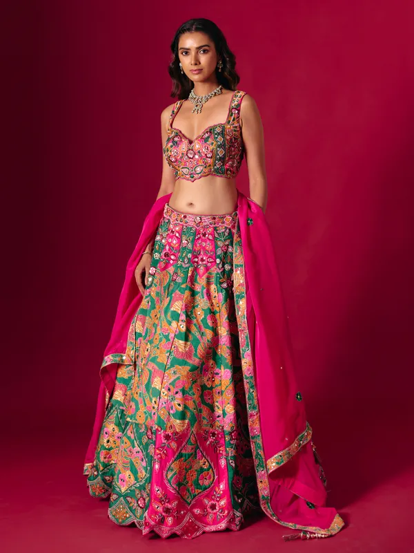 Rani pink raw silk lehenga choli with dupatta for women